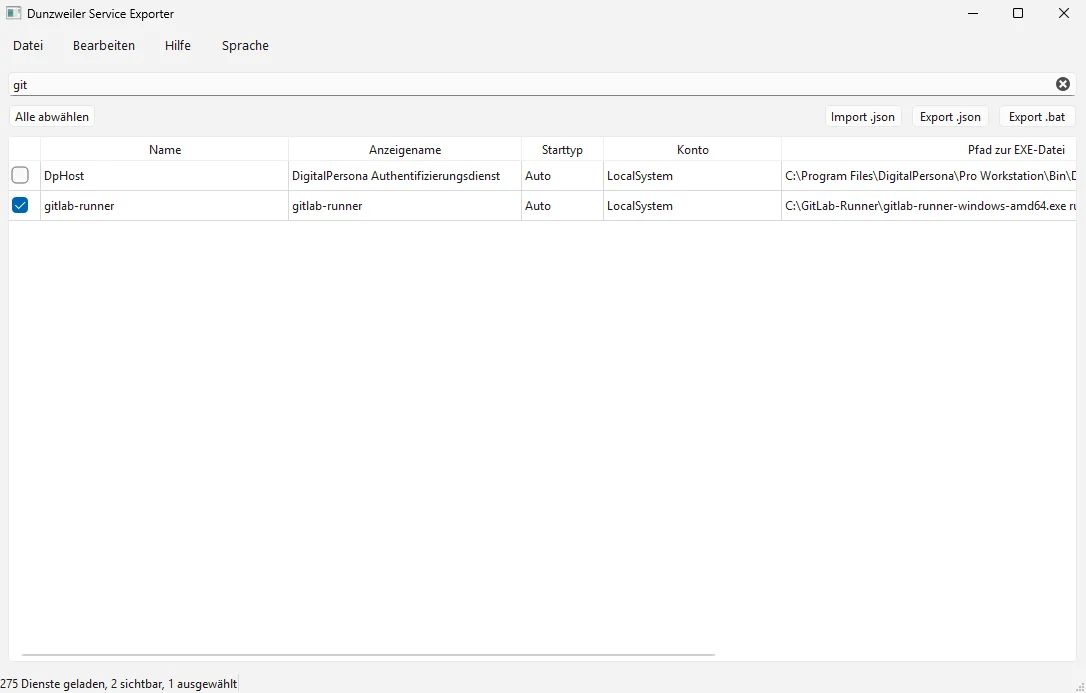 Hauptfenster des Service Exporters
